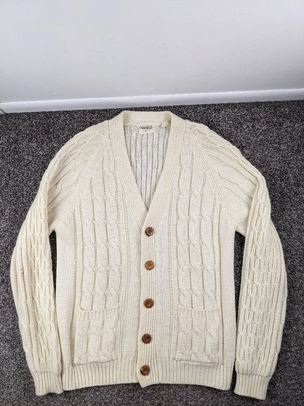 Vintage Gimbels Sweater Cardigan Cable Knit Fisherman Raglan Ivory Mens Large